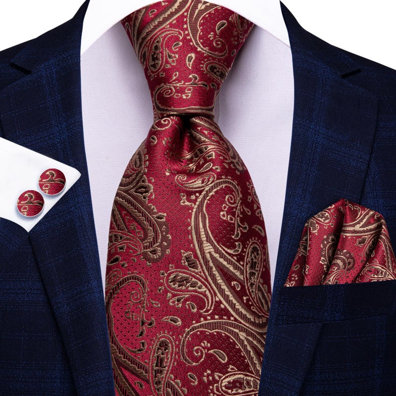 Hi-Tie ربطات عنق حرير هاي-تاي للرجال مجموعة ربطة عنق ومنديل جيب وأزرار أكمام مزينة بنقوش بايزلي رسمية للأعمال، ذهبي أحمر - Image 3
